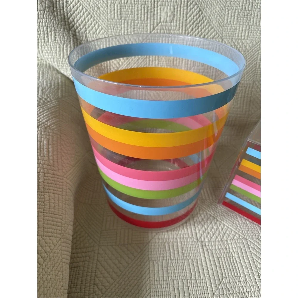 Clear Acrylic Rainbow Stripe Wastebasket Tissue Box Cover Bathroom Set
